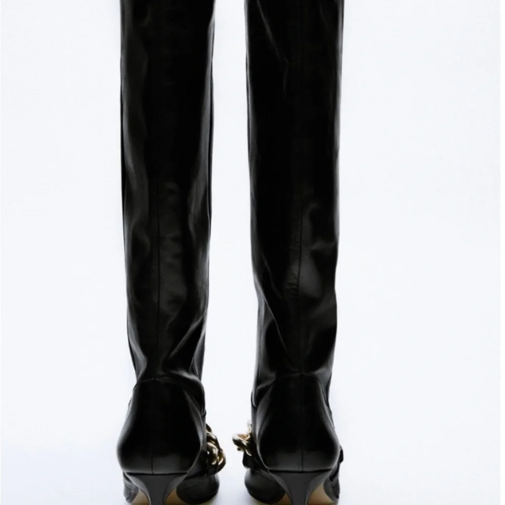 Zara Heeled Leather Knee High Boots With Chain Detail - Picture 6 of 16